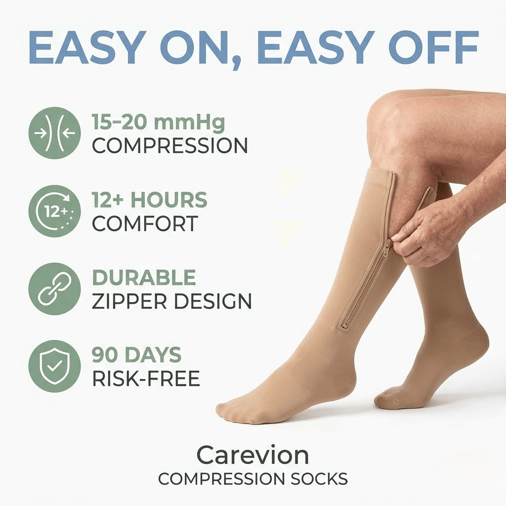 Carevion Zipper Compression Socks - Easy - On Support for Seniors & Mobility - Carevion